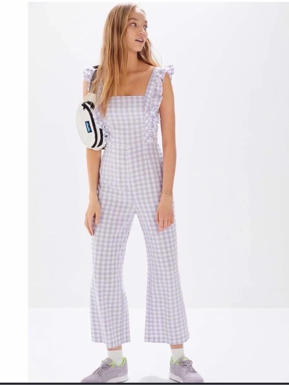 Urban Outfitters Lilac Gingham Ruffle-Strap Jumpsuit